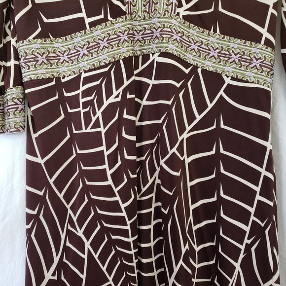 TORY BURCH Brown Abstract Banana Leaf Print V Quarter Empire Silk Sheath Dress M - Picture 3 of 16